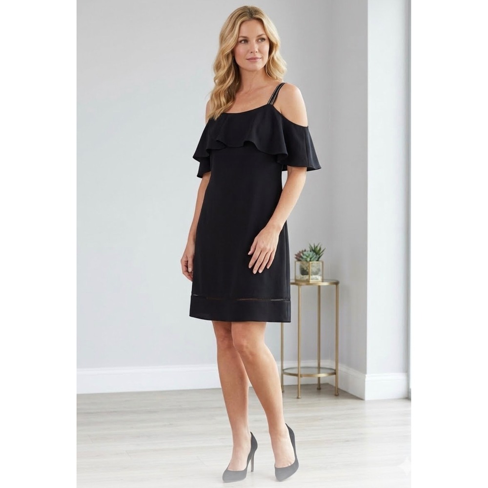 Maggy London Black Cold Shoulder Ruffle Shift Dress Size 6
